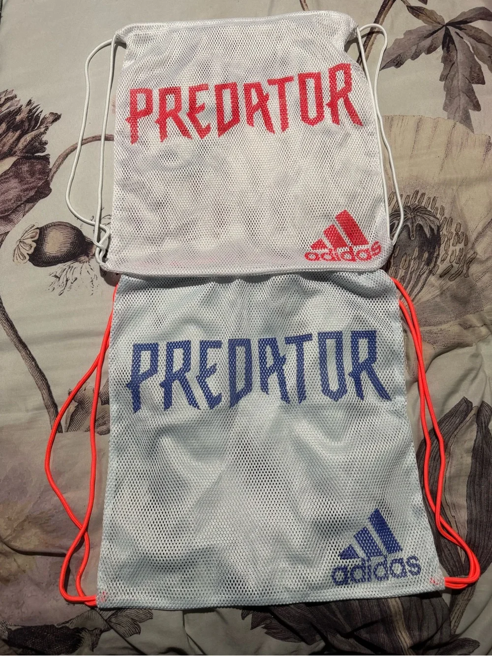 adidas Predator Mesh Drawstring Bags in White with Red and Blue Accents